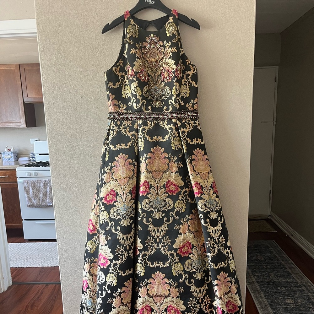 Jovani Ornate Beaded Black and Gold Halter Prom Dress